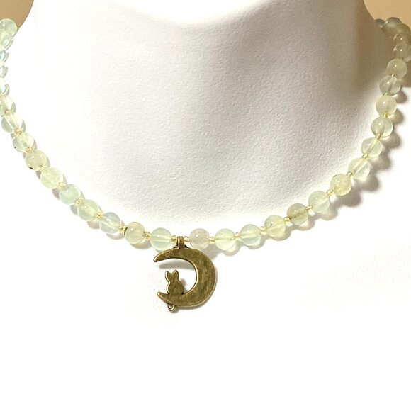 Genuine Gemstone Pale Green Prehnite Bronze Cat on the Moon Beaded Necklace - Picture 2 of 11
